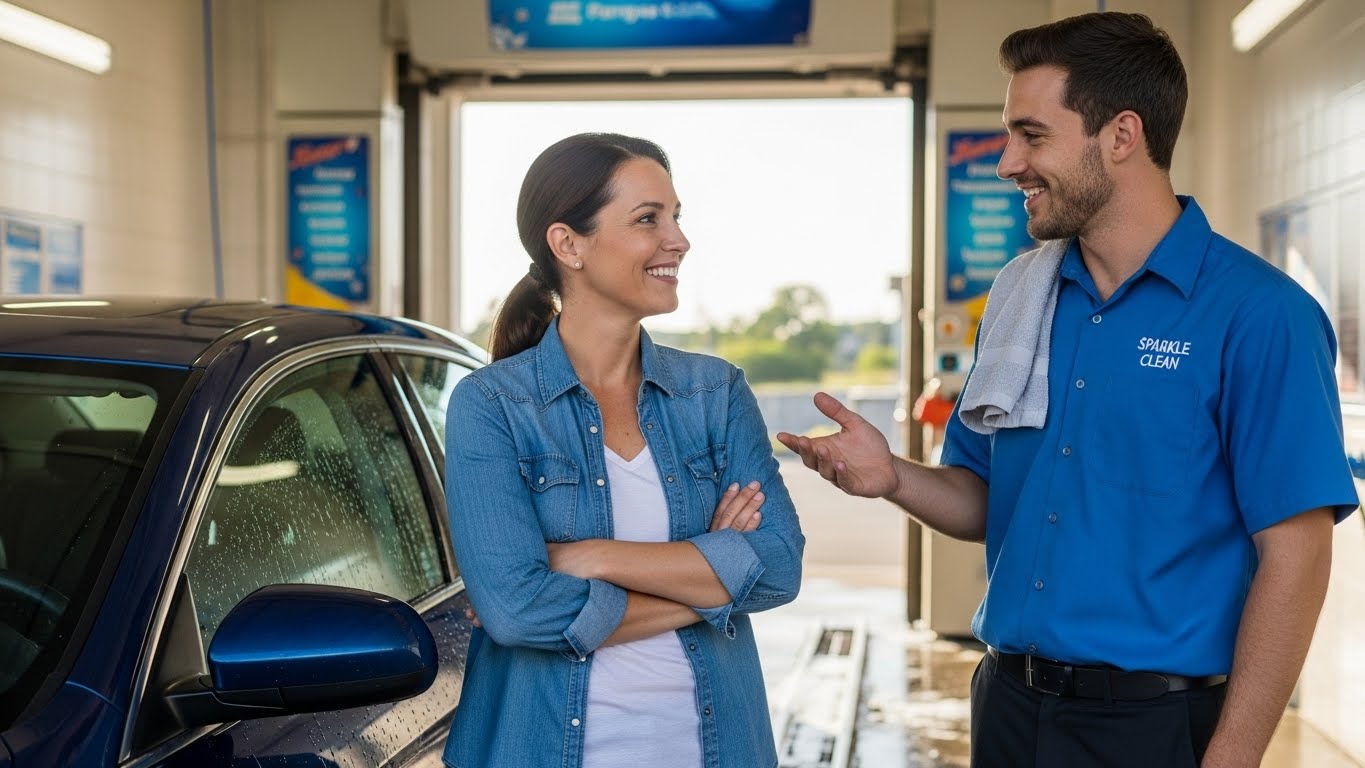 a customer and worker smiling and talking at a car wash.