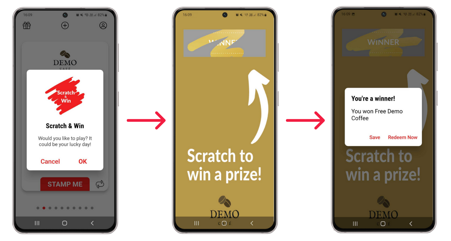Stamp Me's Scratch & Win screenshot examples. 