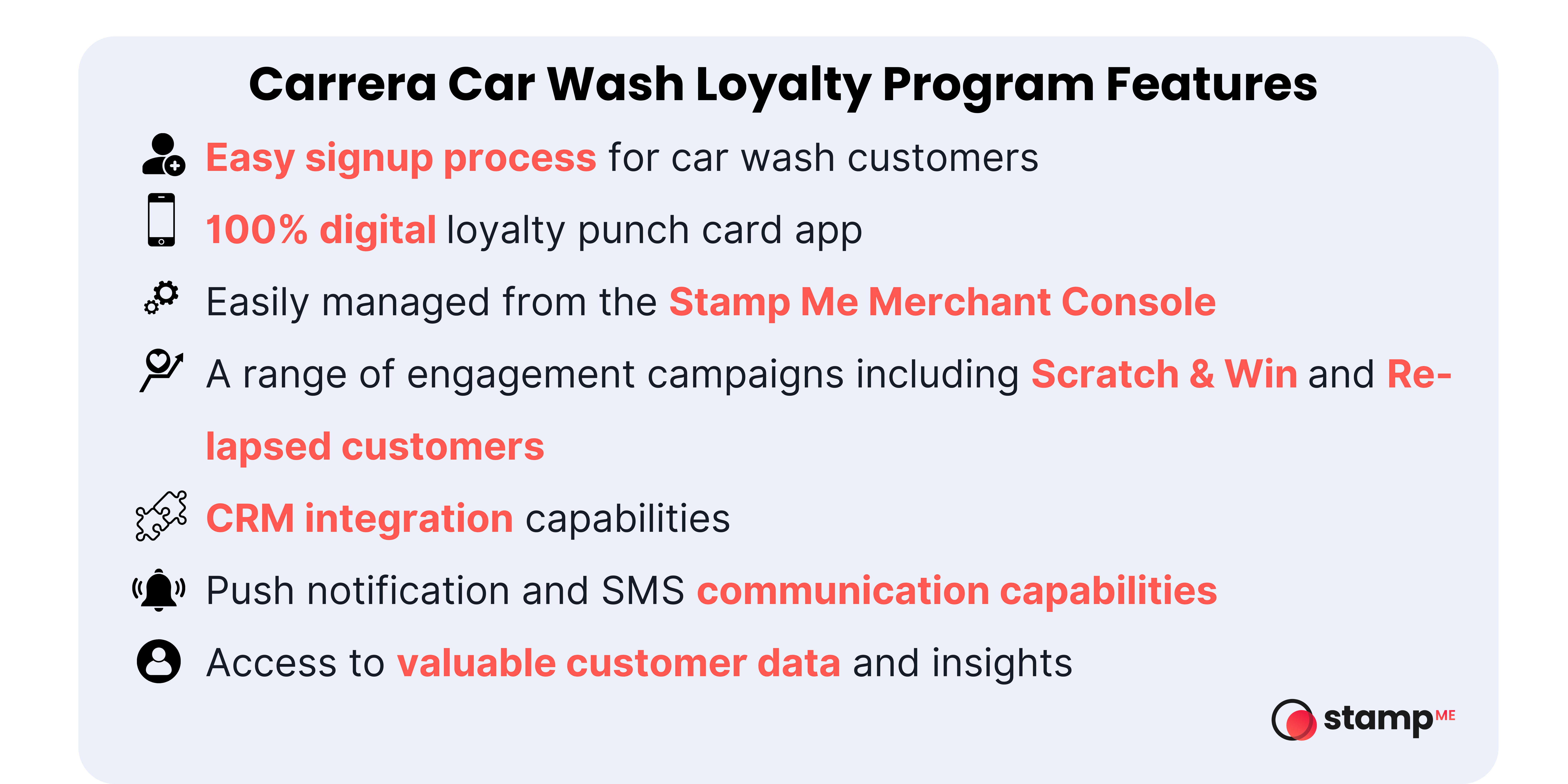 Graphic tile displaying key features of a loyalty program, with text and icons highlighting rewards and customer engagement.