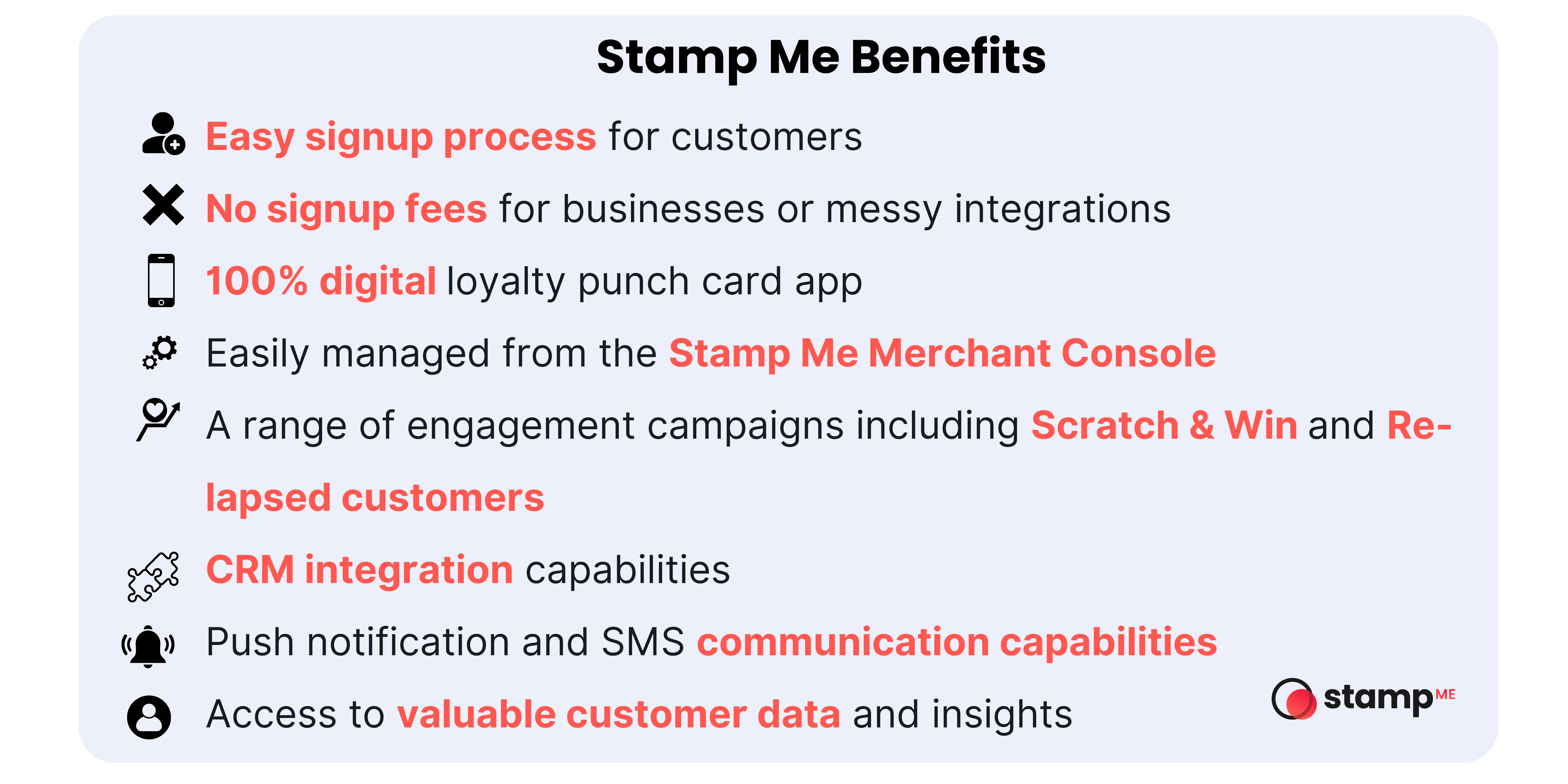 Stamp Me benefits graphic highlighting advantages of digital loyalty programs for cafes