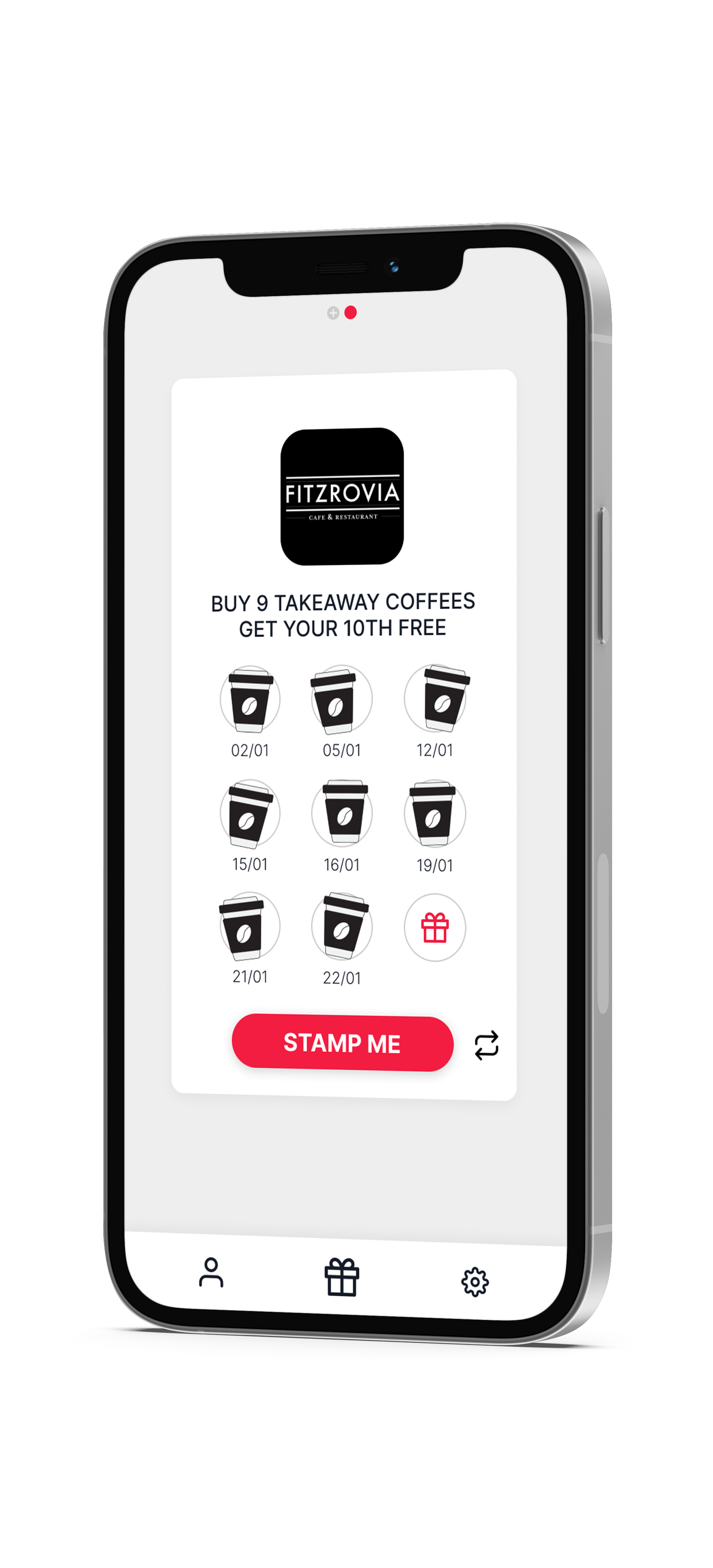 Phone frame displaying the Stamp Me digital loyalty program interface, enhancing customer engagement and rewards.