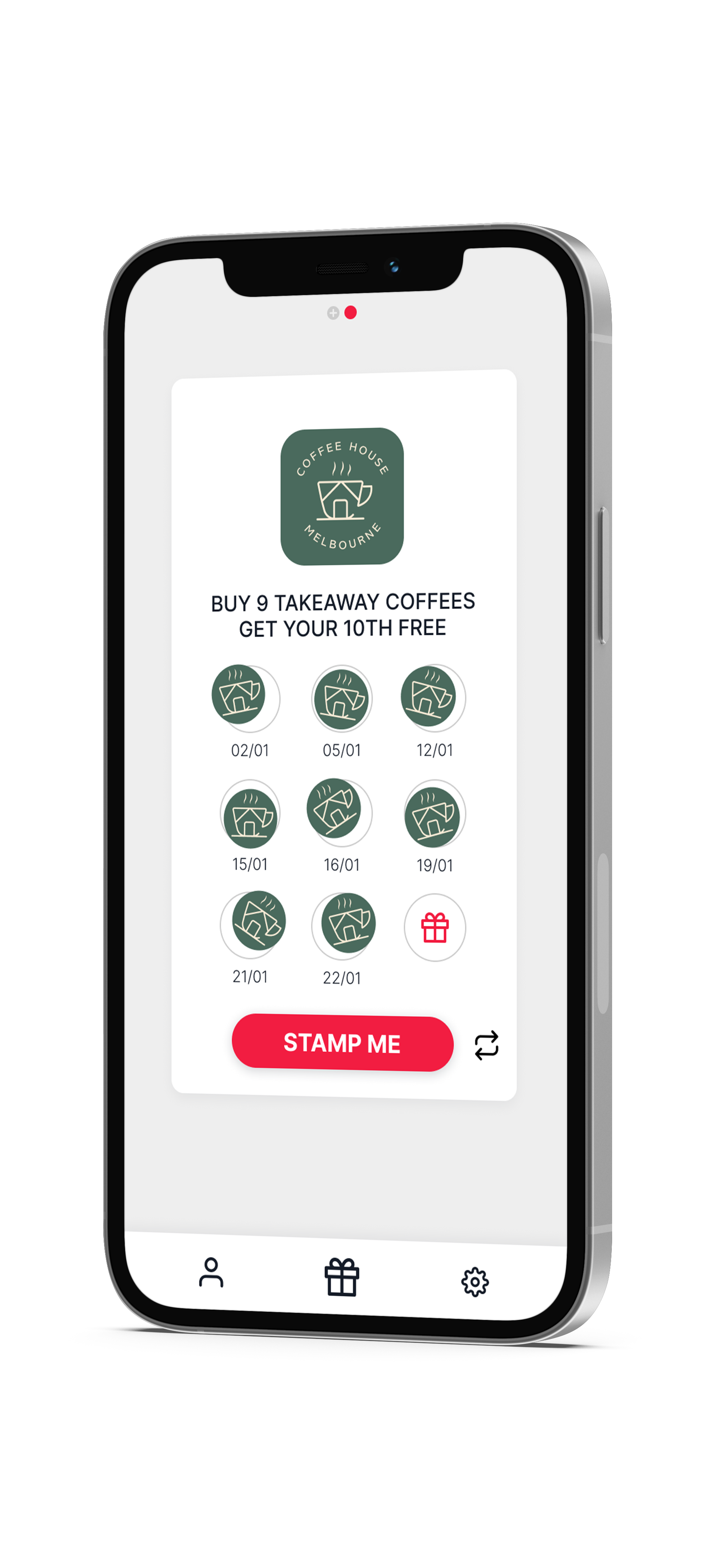Phone with Stamp Me app interface. 