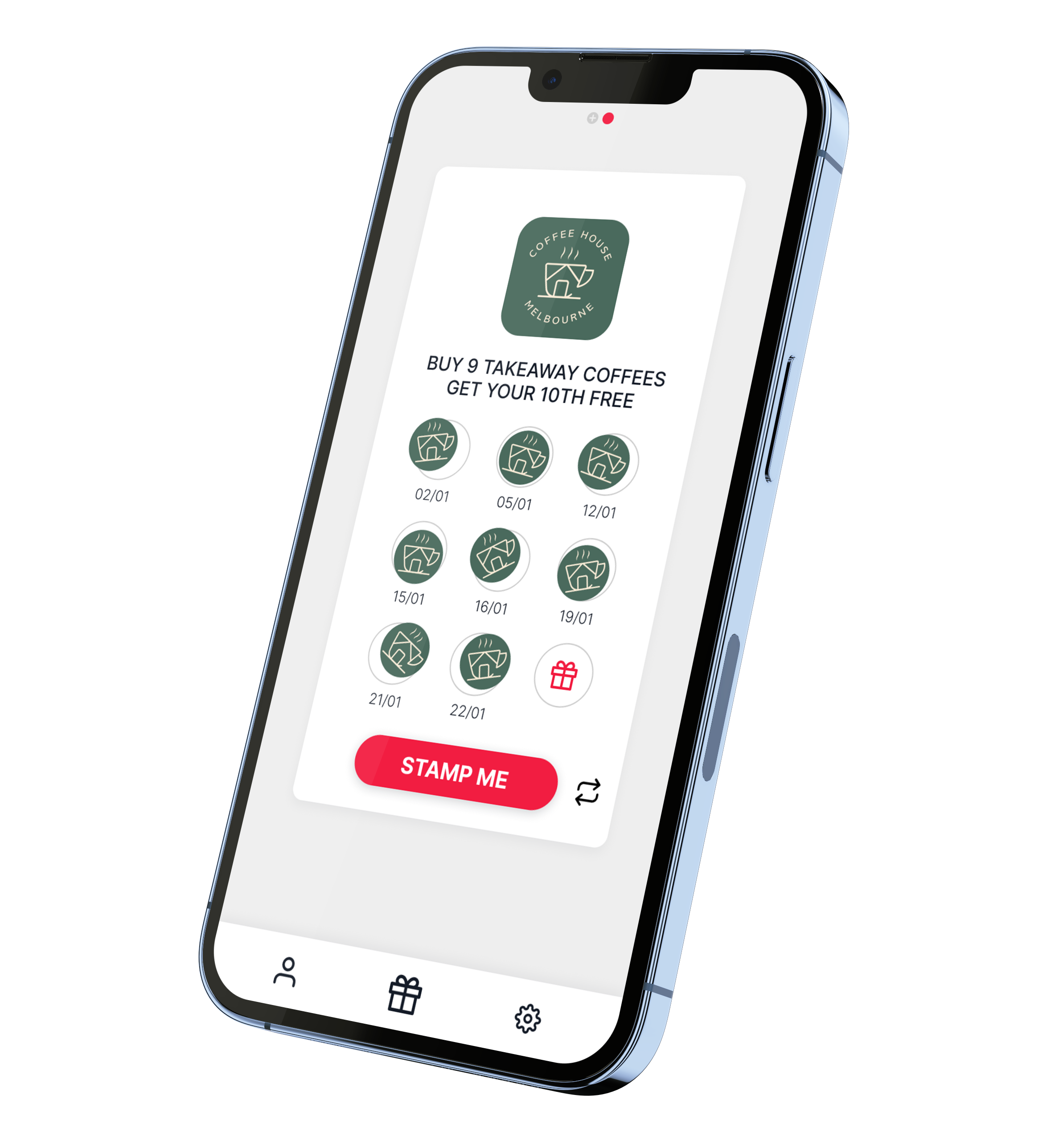 Phone frame with Stamp Me app interface open. 