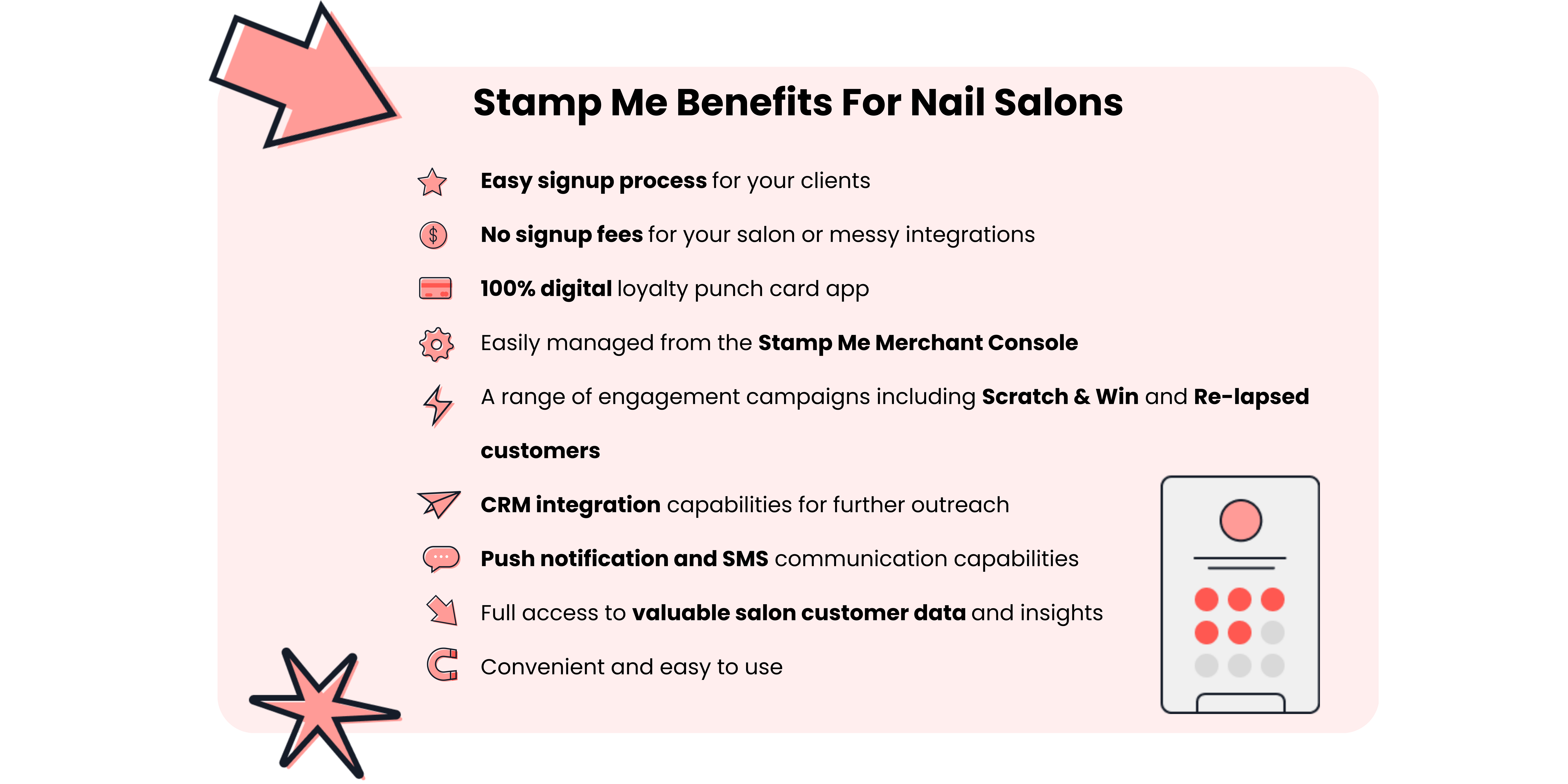 A list of Stamp Me's features with various icons on a graphic tile. 