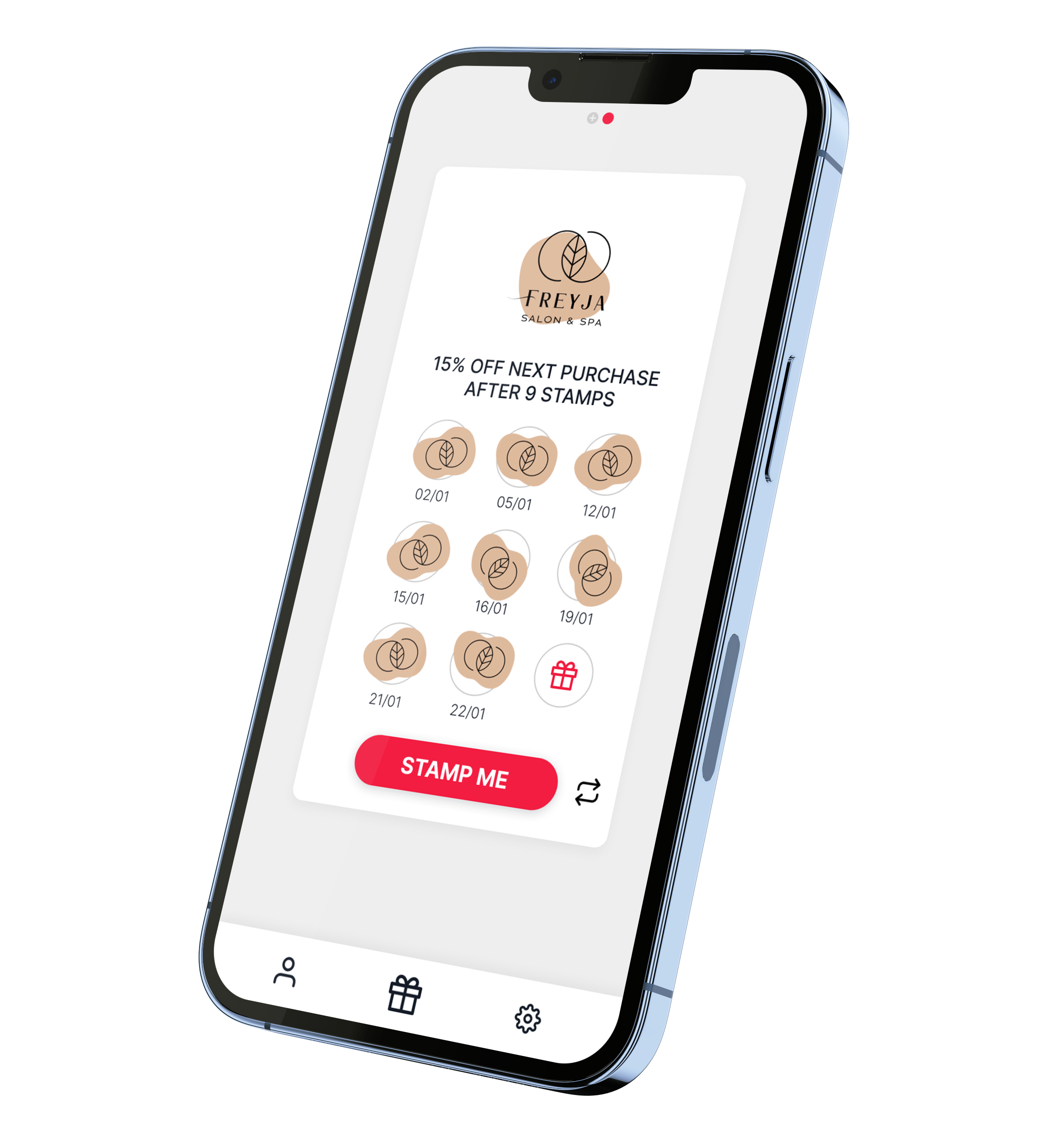 A phone with the Stamp Me app open. 
