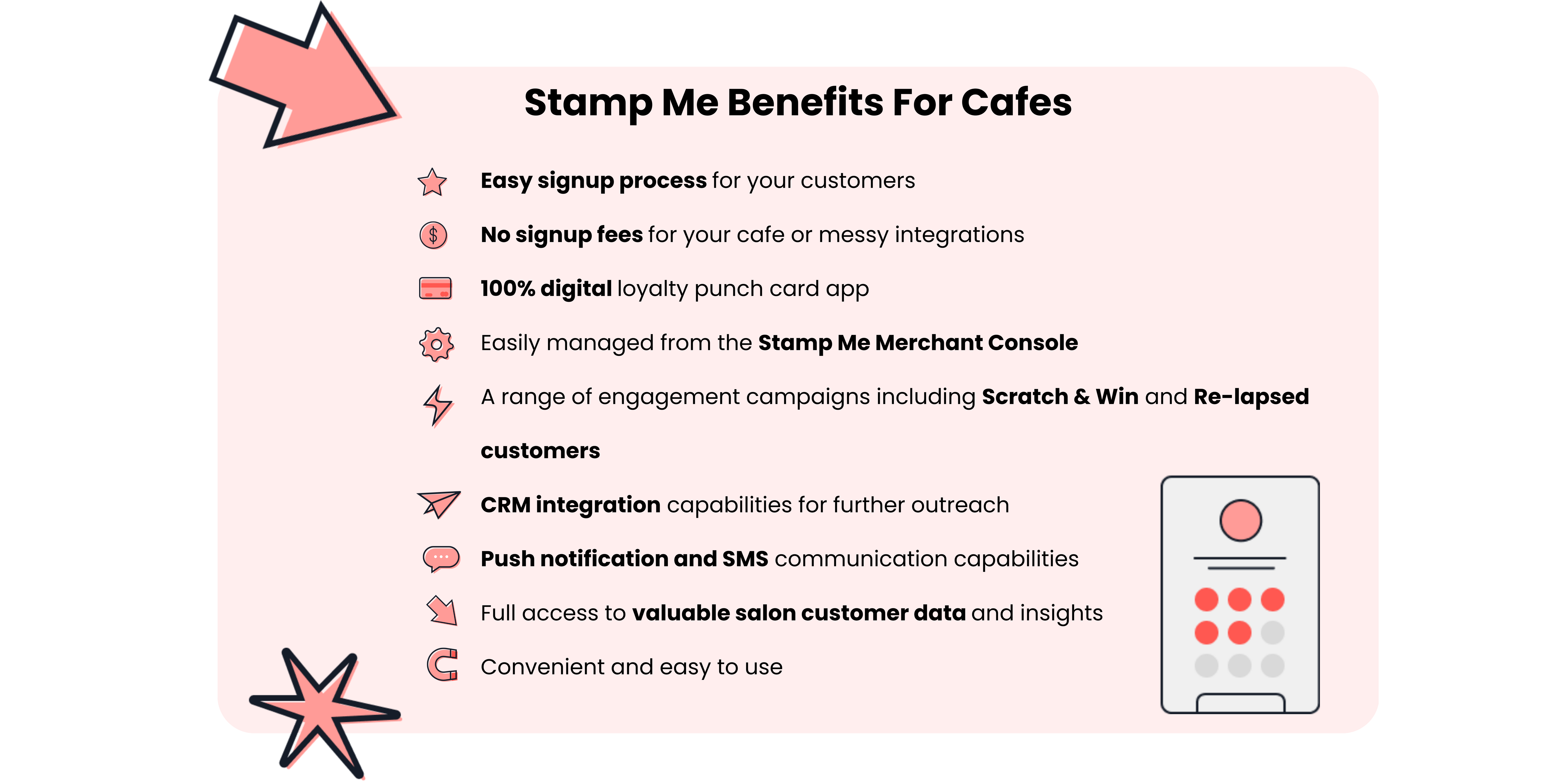 Graphic tile with stamp me benefits and icons. 