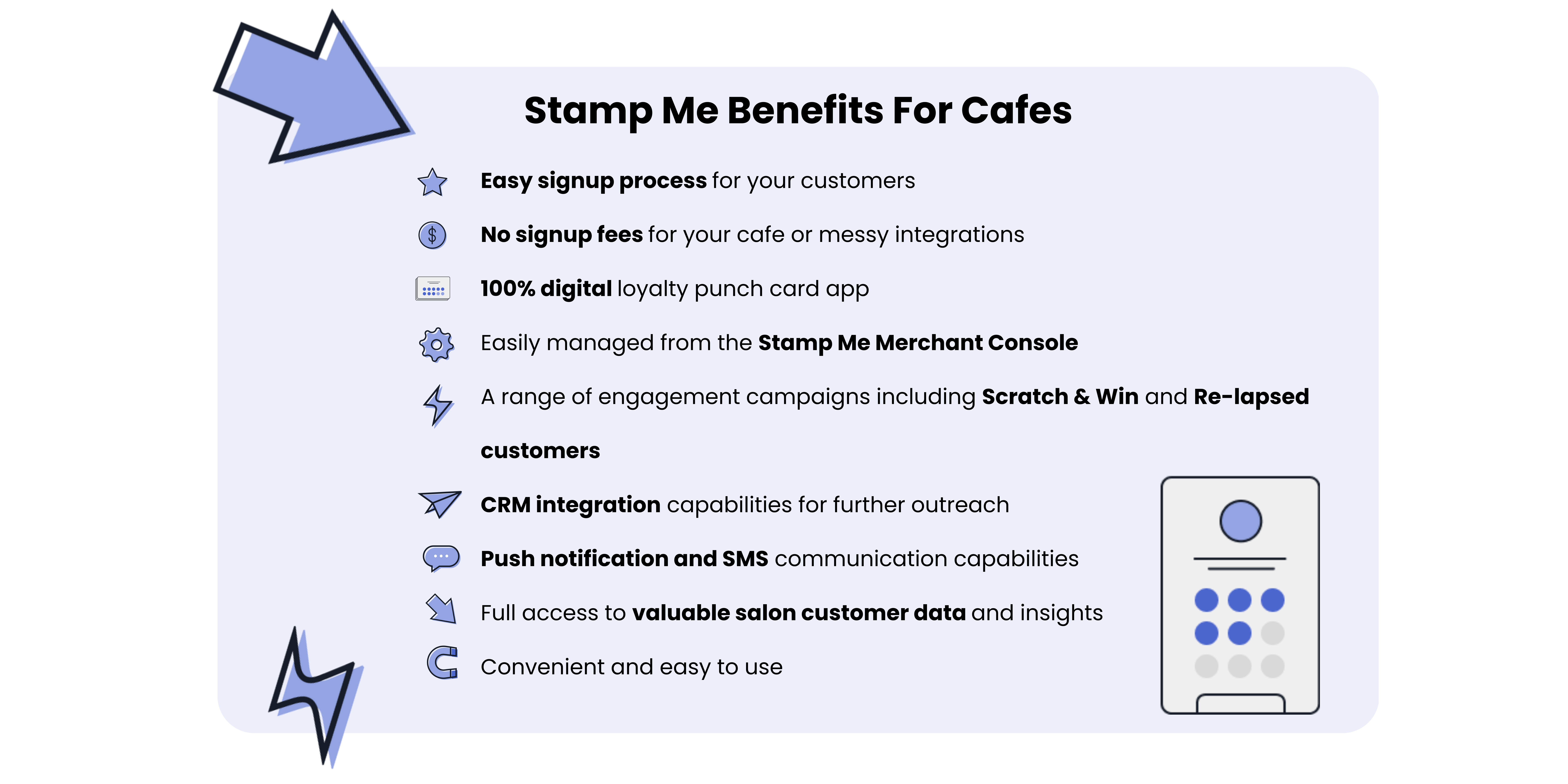 List of Stamp Me benefits with various icons. 