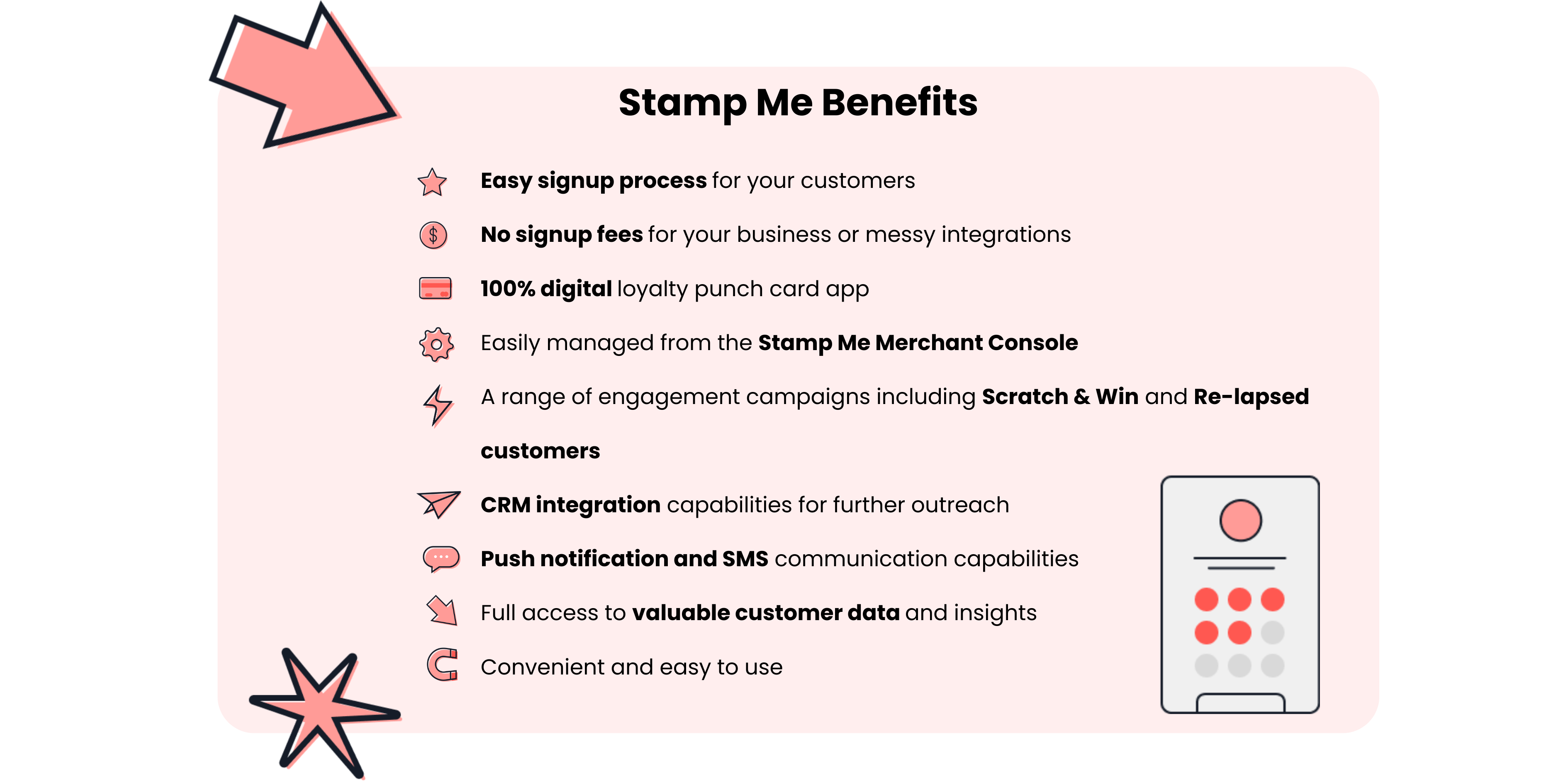 Stamp Me benefits in a graphic tile with icons. 