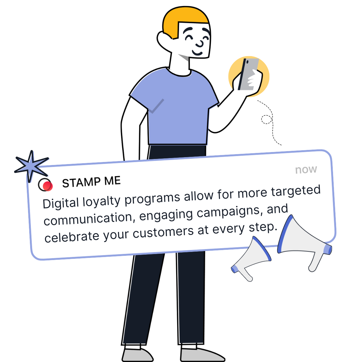 Illustration of a man with a Stamp Me push notification and icons. 