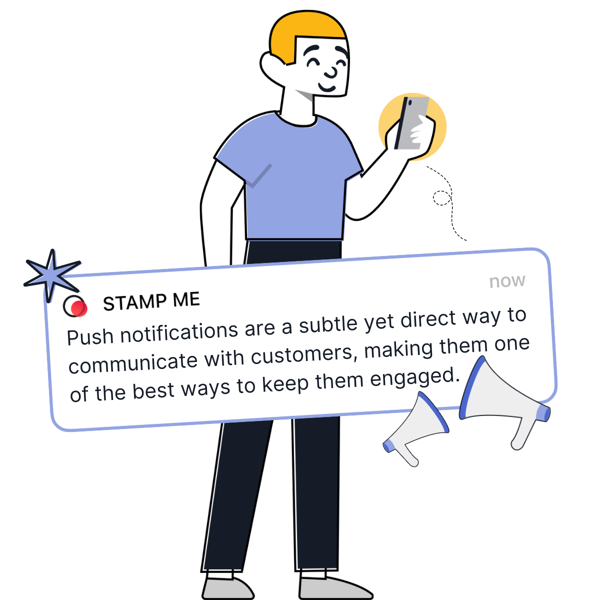 An illustration of a man with a phone and a Stamp Me push notification over the top of him. 