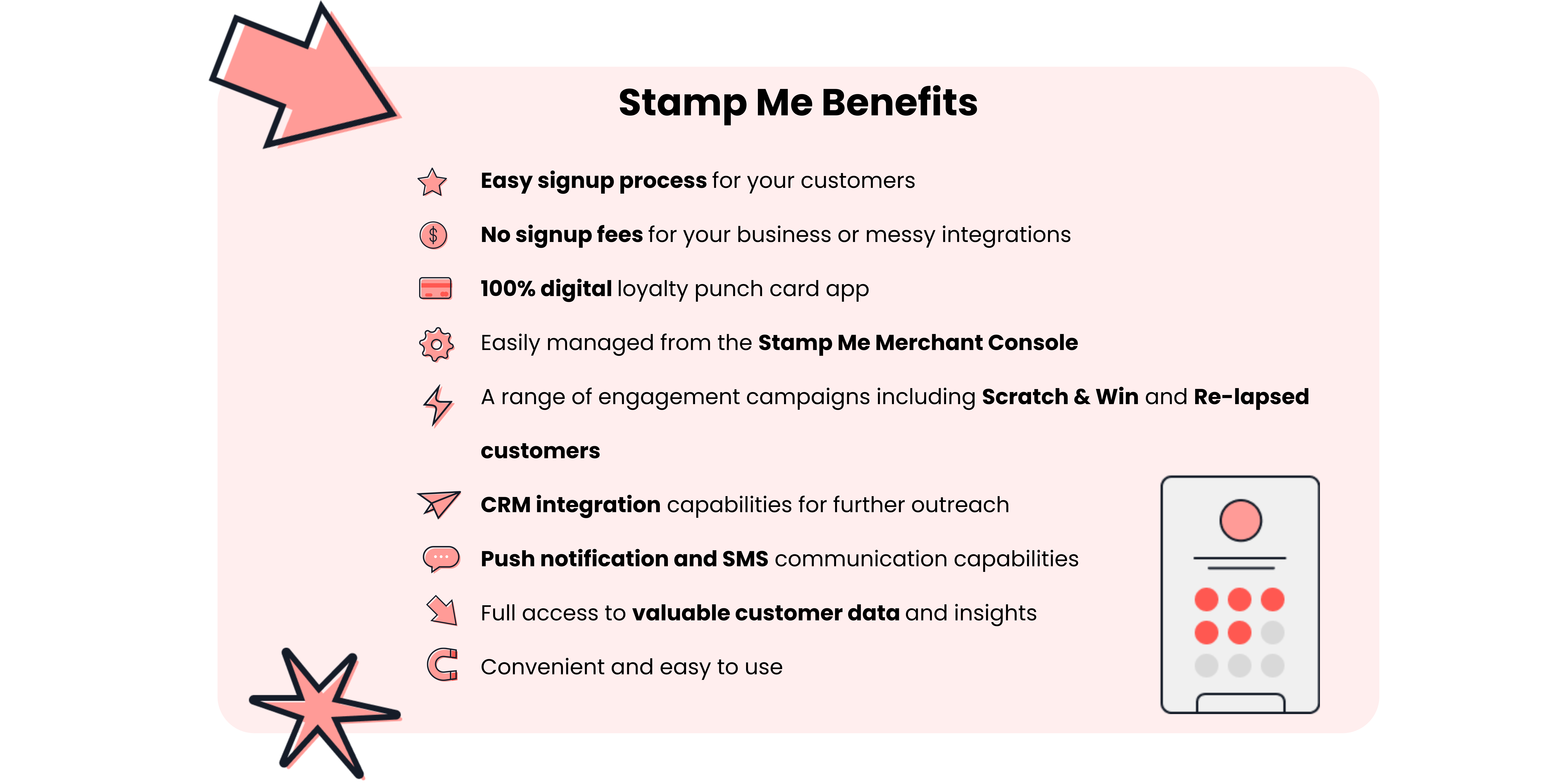 Stamp Me benefits in a graphic tile 