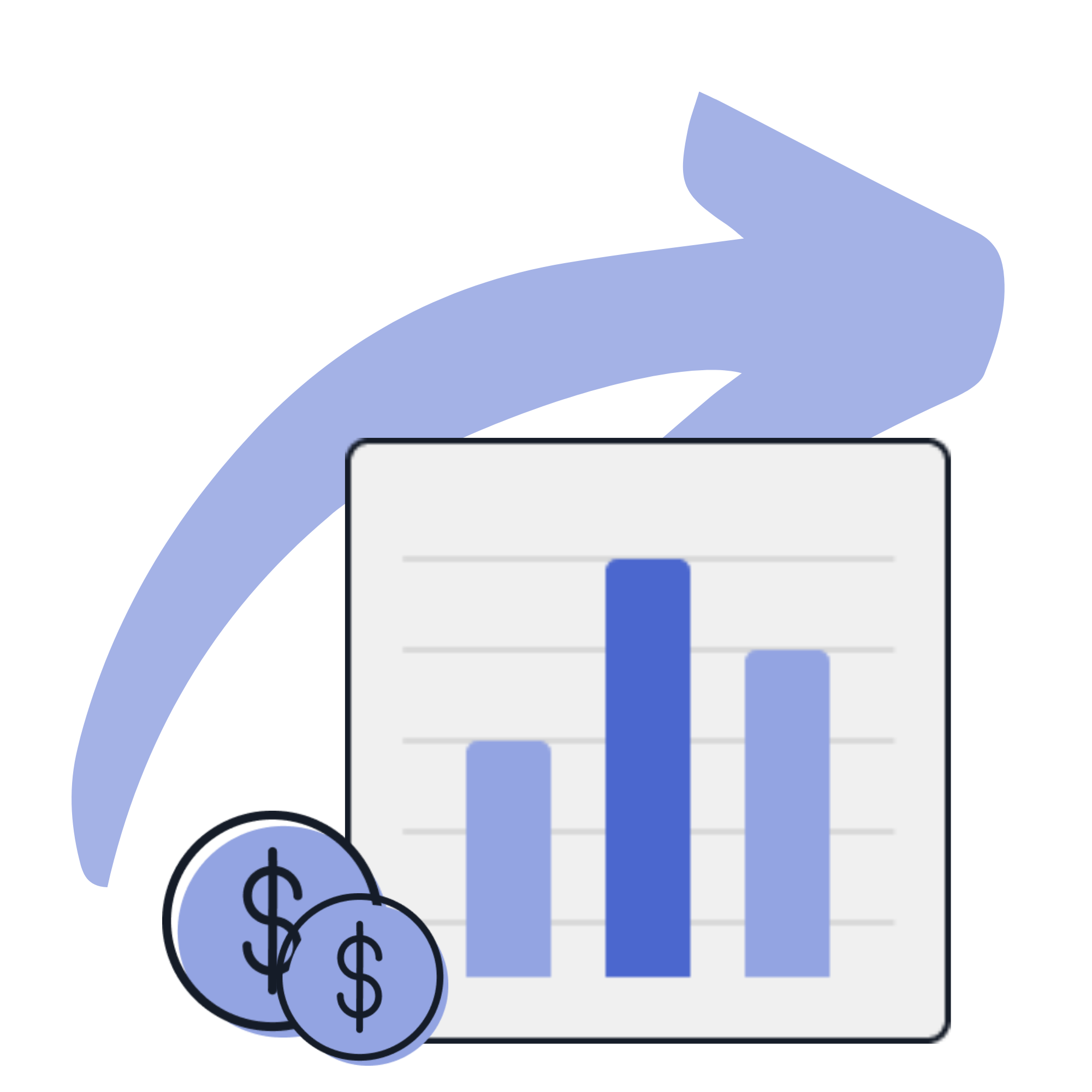 Graph icon with arrow and coin icons. 