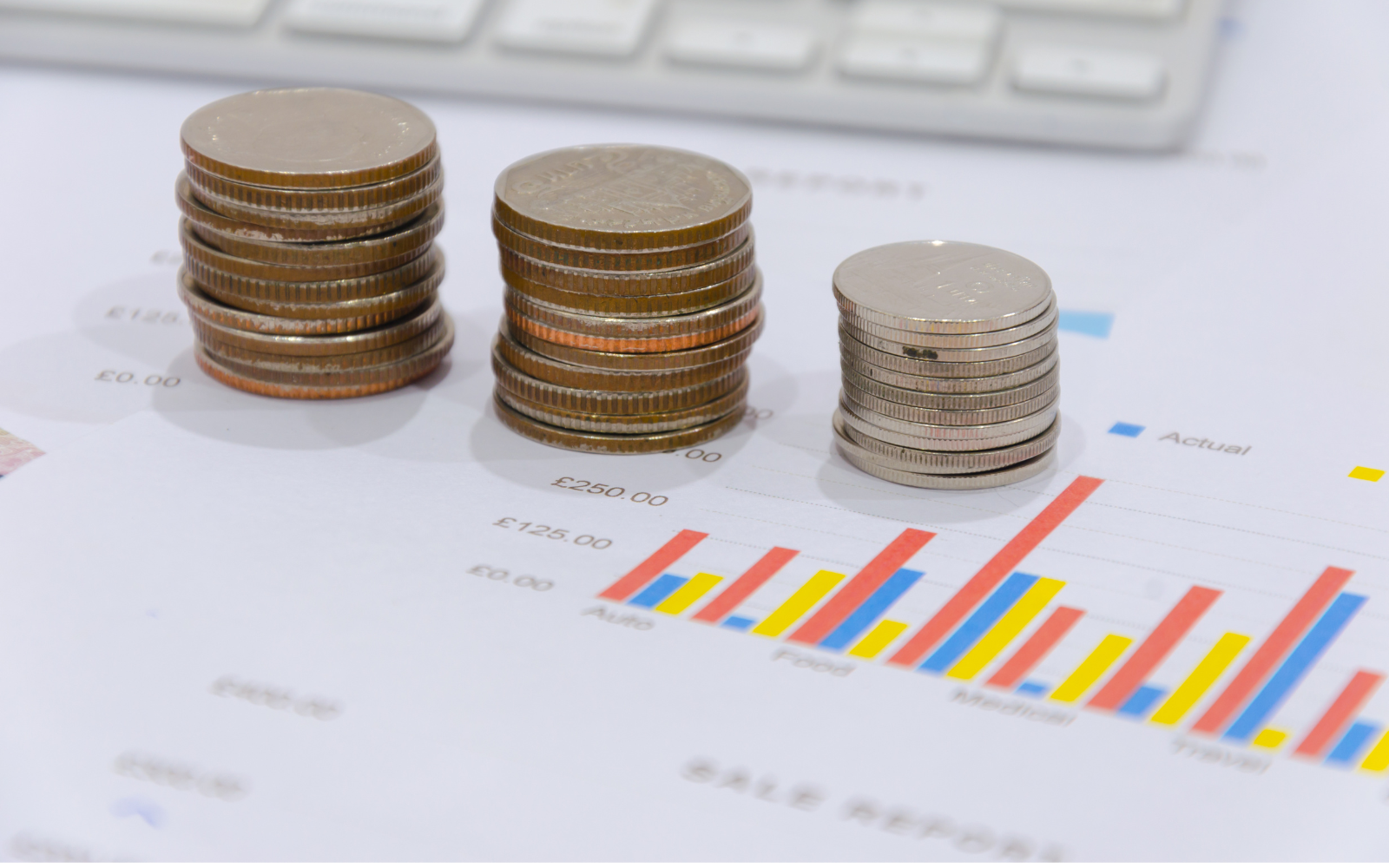 Coins with a sheet of paper with a graph on it. 