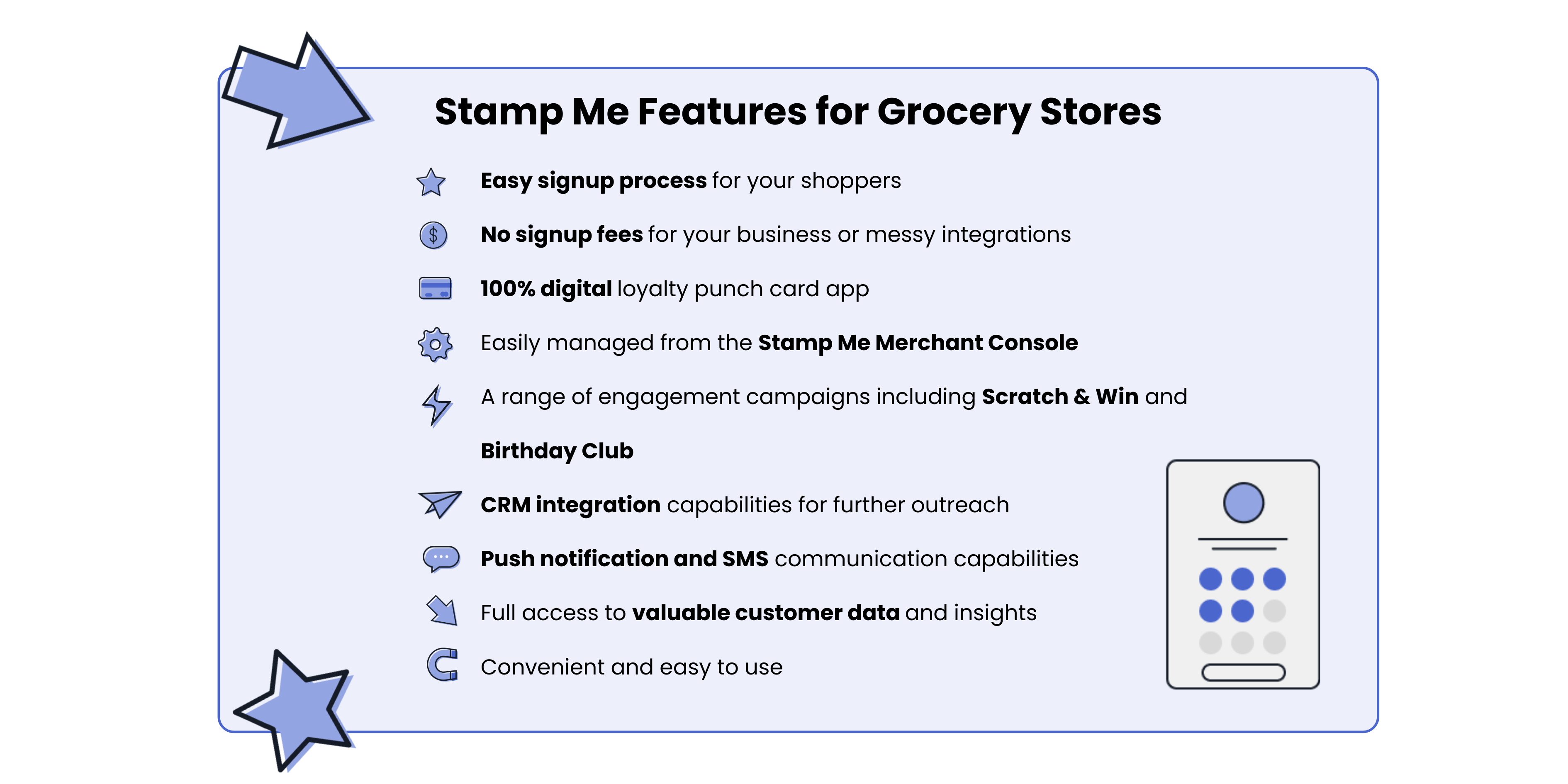 A list of Stamp Me features 