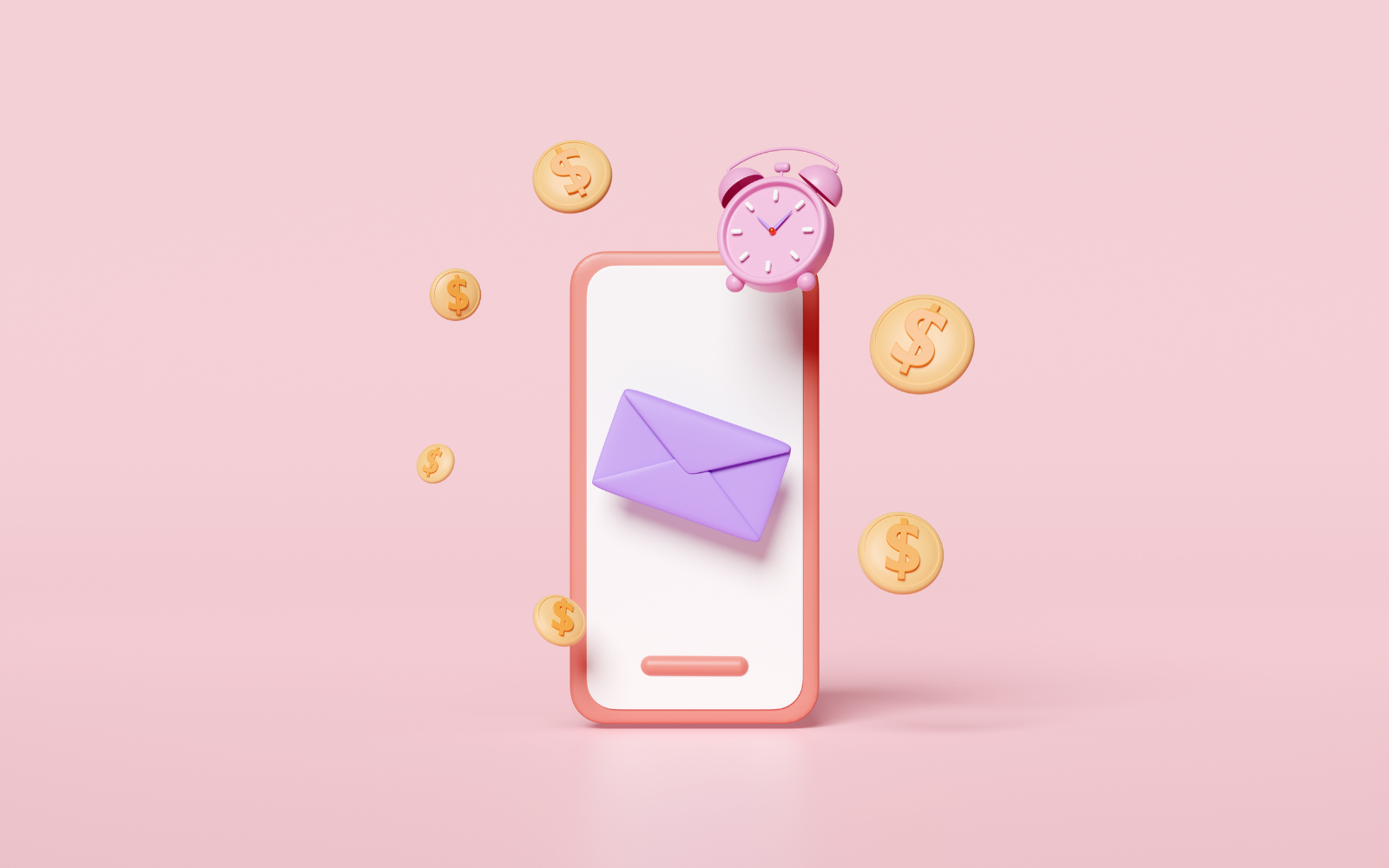 Pink background with a phone, email message icon and clock on top of it and coins around the phone. 