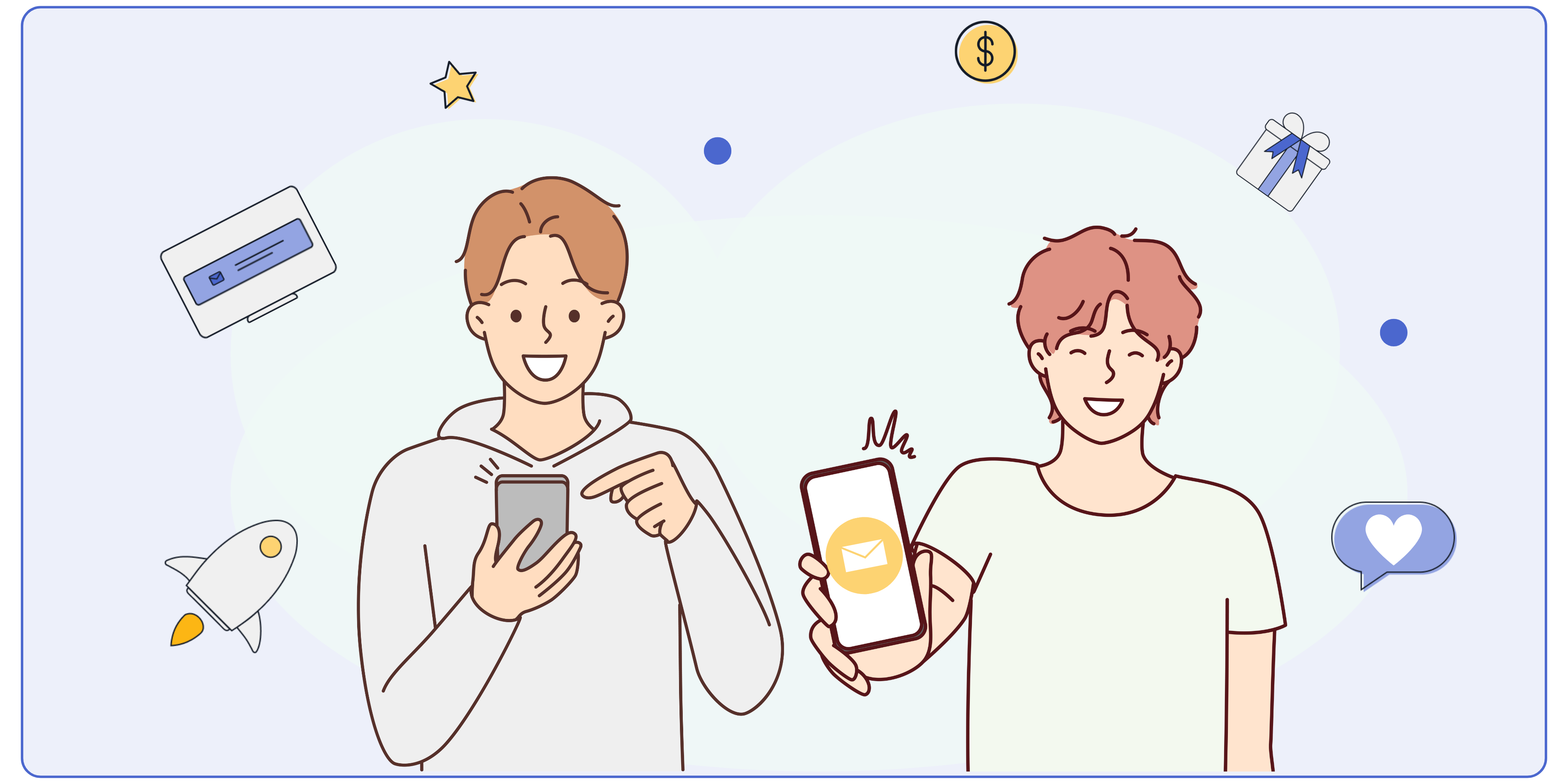 Two people looking at phones surrounded by various icons. Graphic image. 