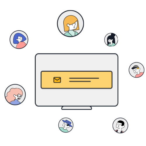 Various people surrounding an email notification icon. Graphic image