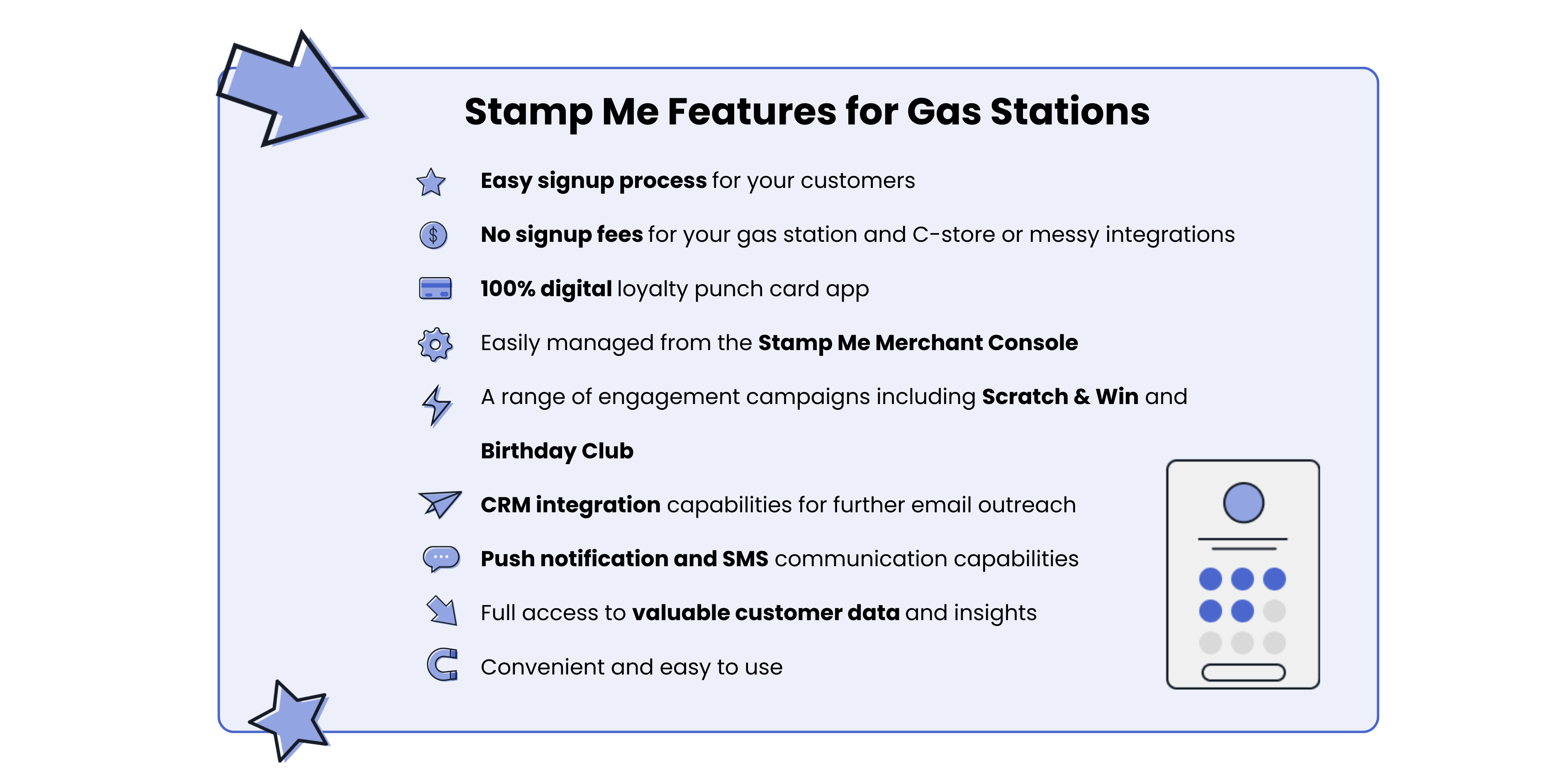 Stamp Me features for gas stations in a tile. 