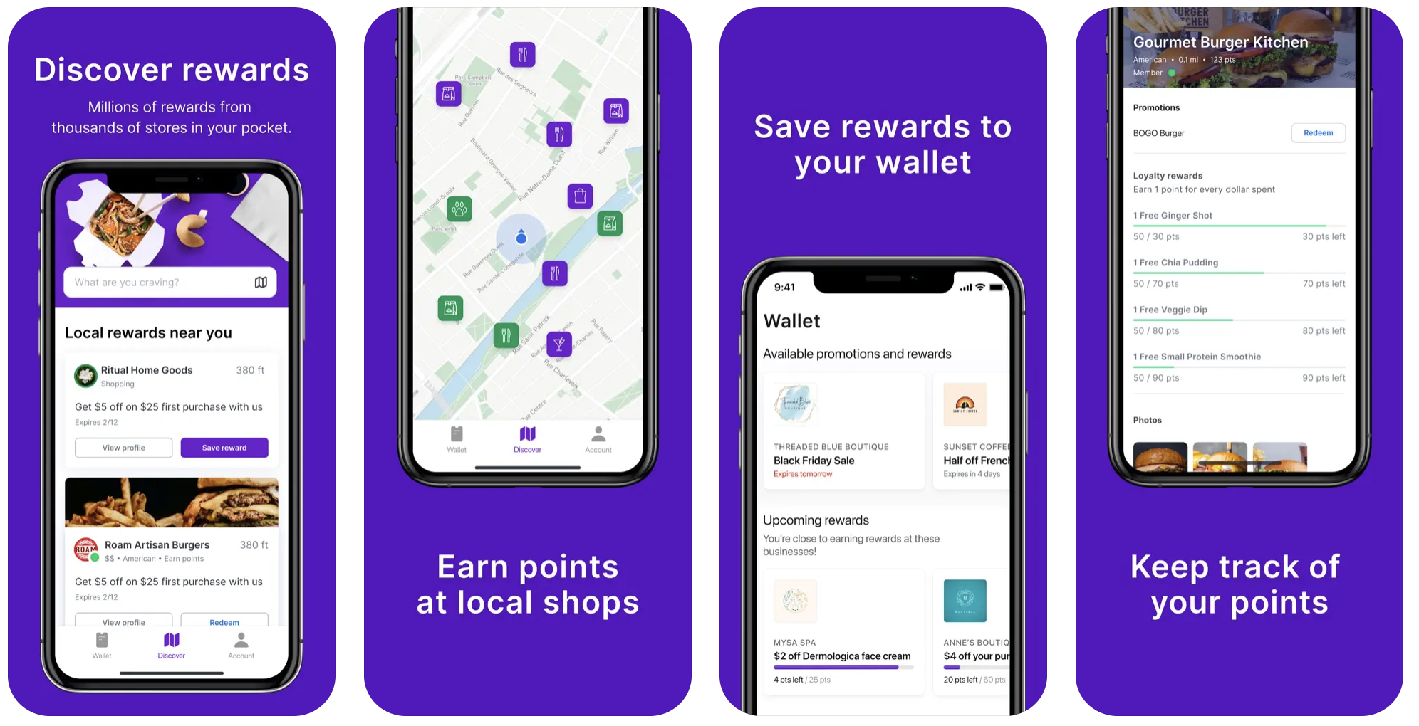 Fivestars loyalty app features displayed on multiple smartphone screens with purple backgrounds.