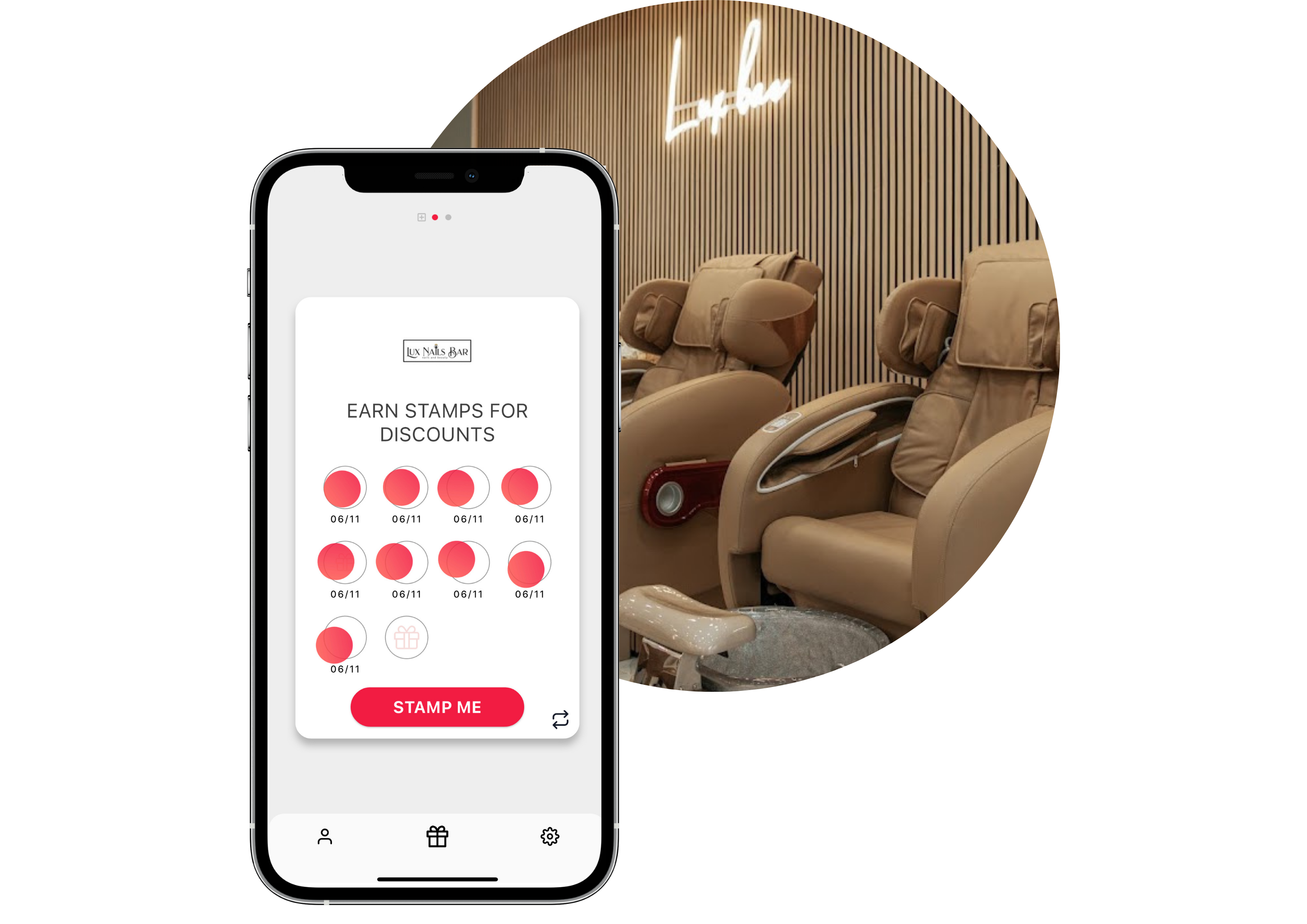 Lux Nails Bar stamp card on the Stamp Me app in a phone. Behind it, an image of the salon in a circle frame. 
