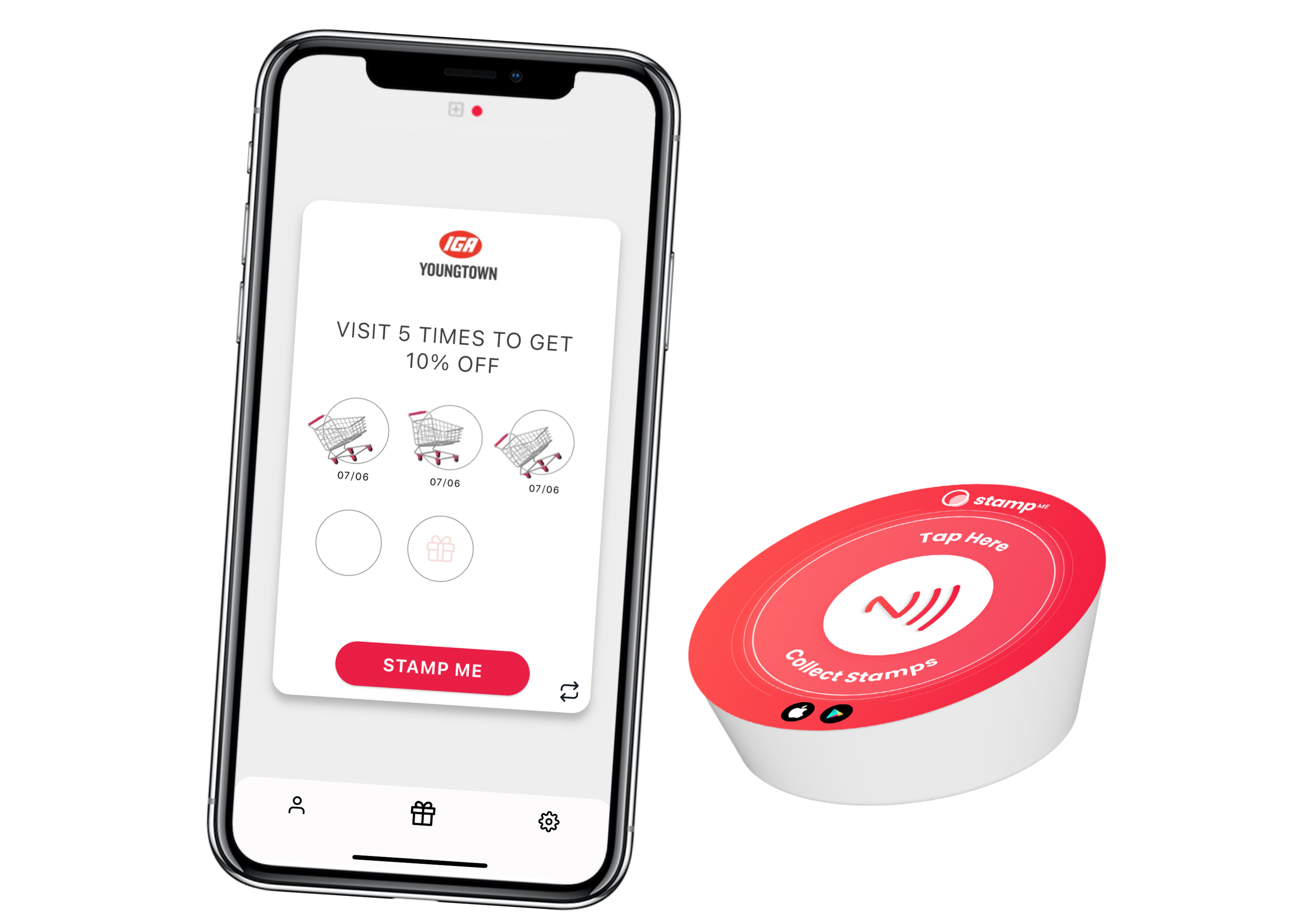 IGA Youngtown stamp card open on a device and the StampPod next to it