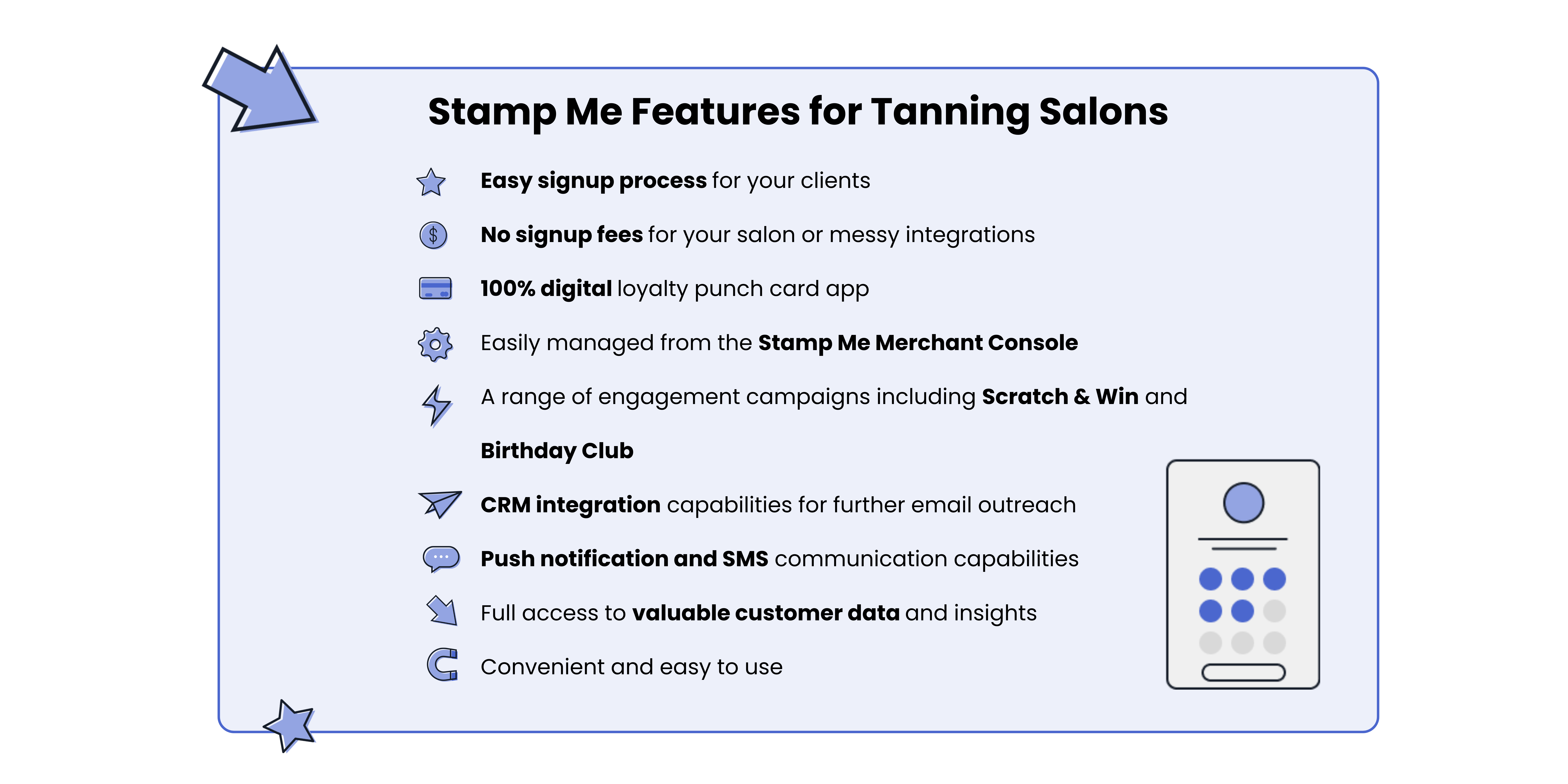 List of Stamp Me features for tanning salons. 