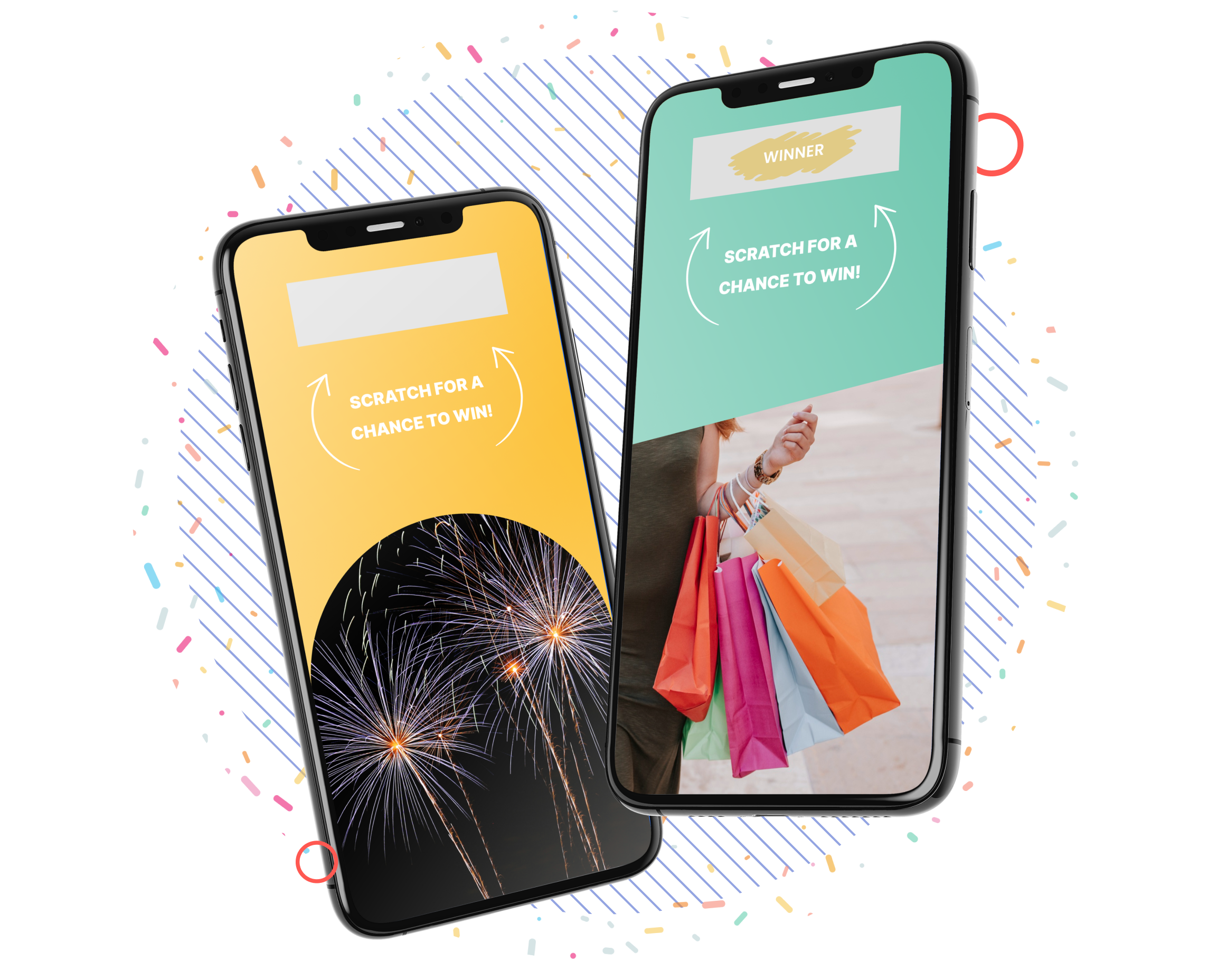 Two examples of the Scratch & Win game on the Stamp Me app with a colourful background.  