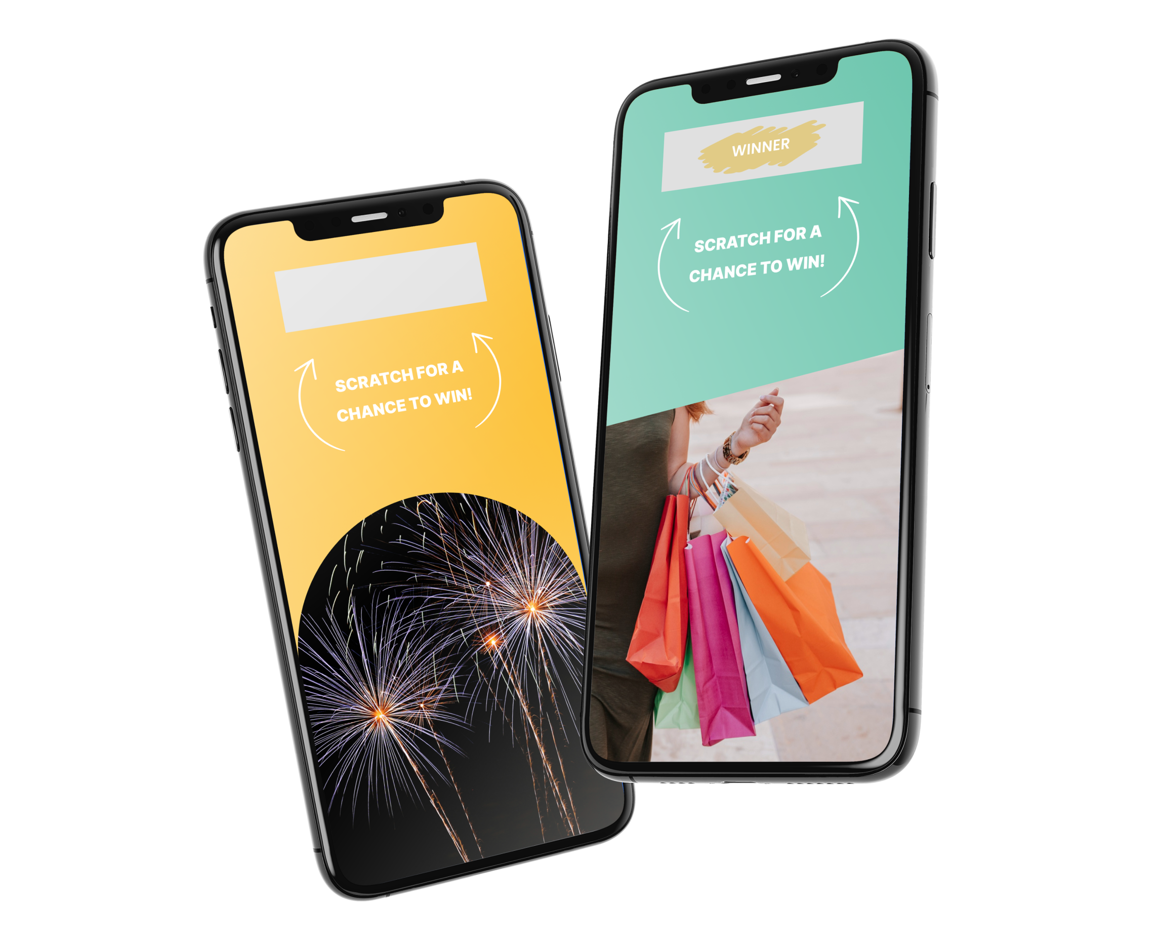 Two phones with the Stamp Me Scratch & Win game on the screen. 