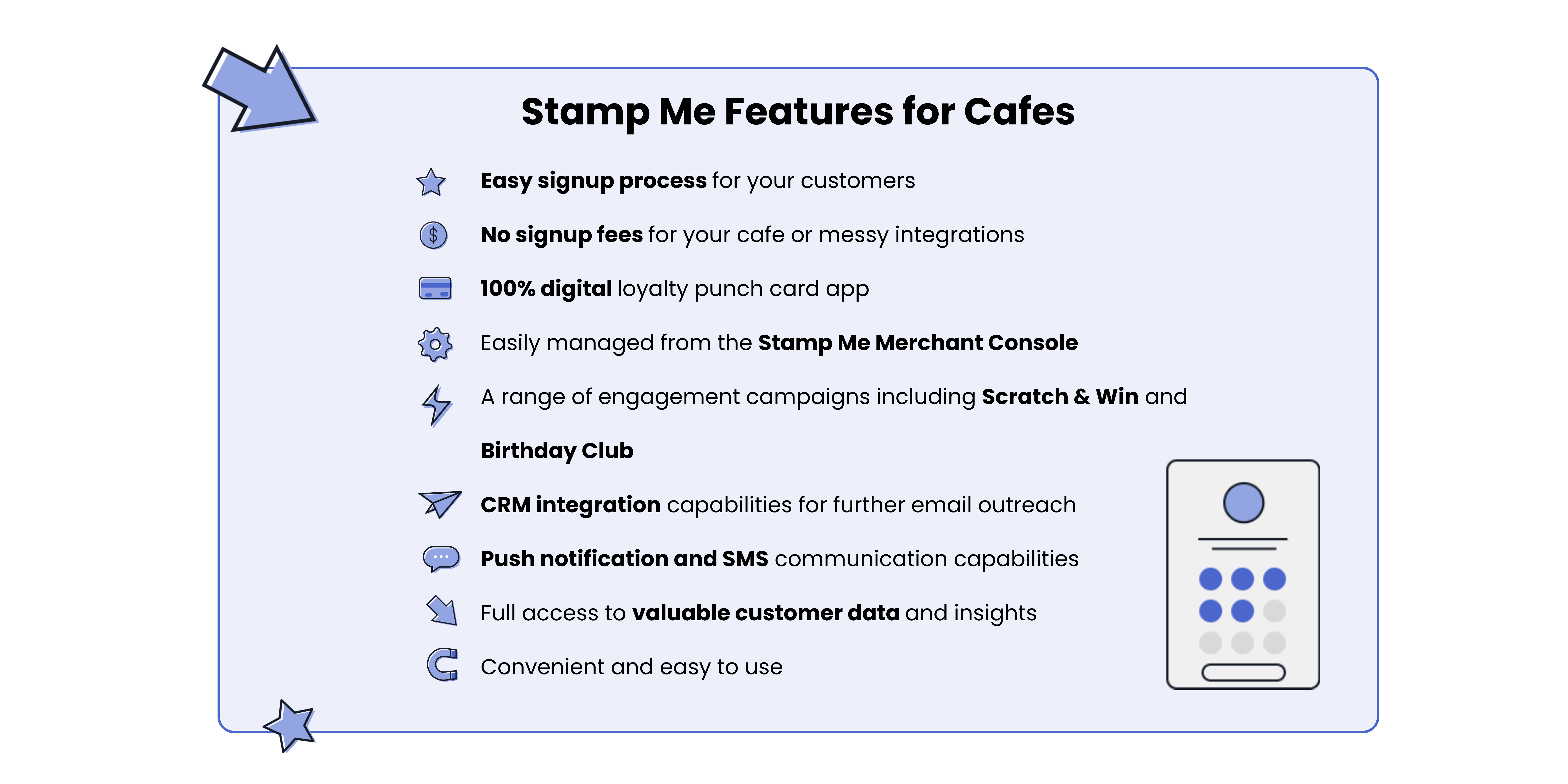 Stamp Me is incredibly easy to implement, requiring minimal technical expertise. The digital stamp concept is familiar to customers, ensuring seamless adoption. 