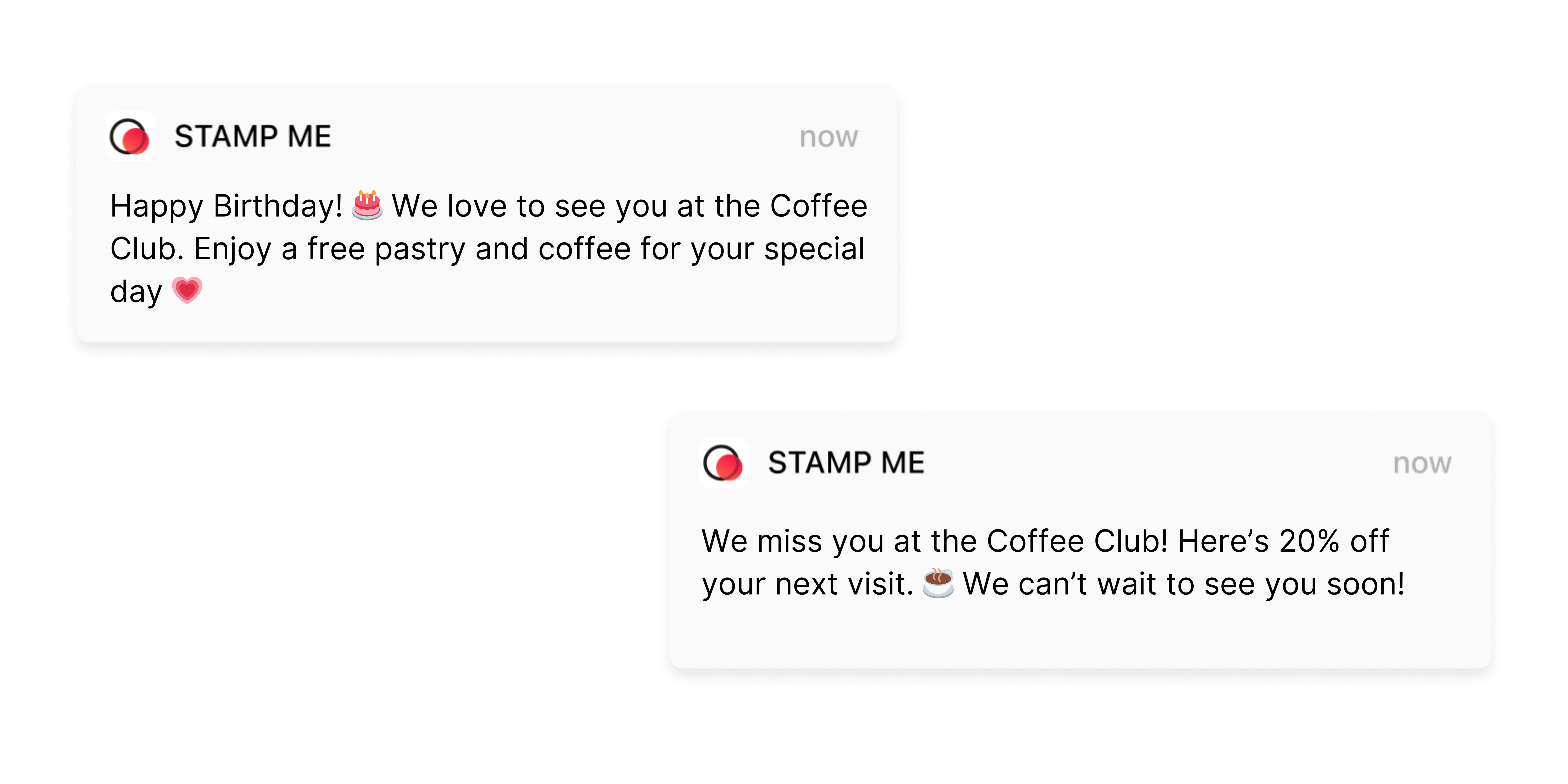 Examples of push notifications on the Stamp Me app