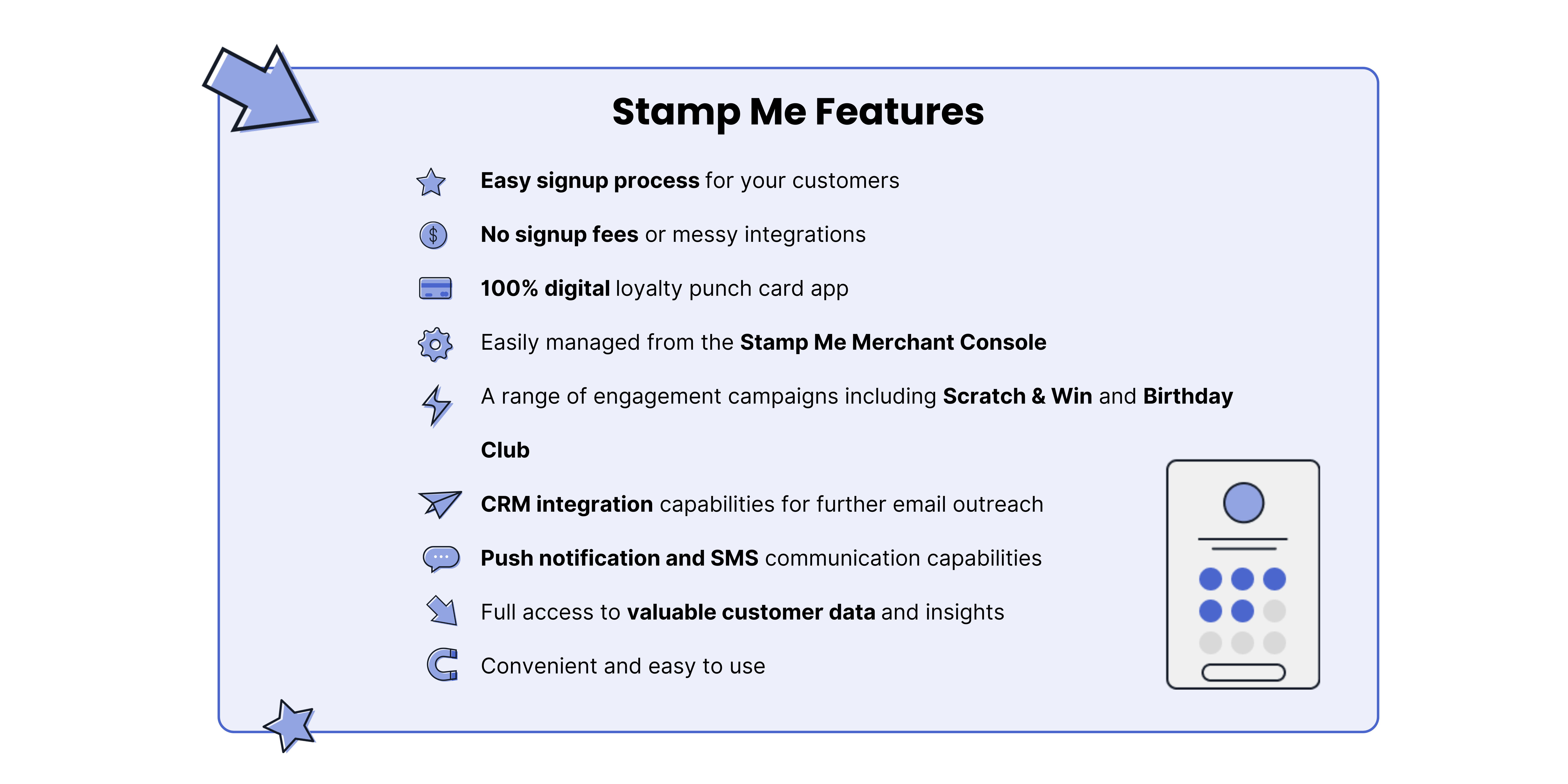 Stamp Me features listed. 