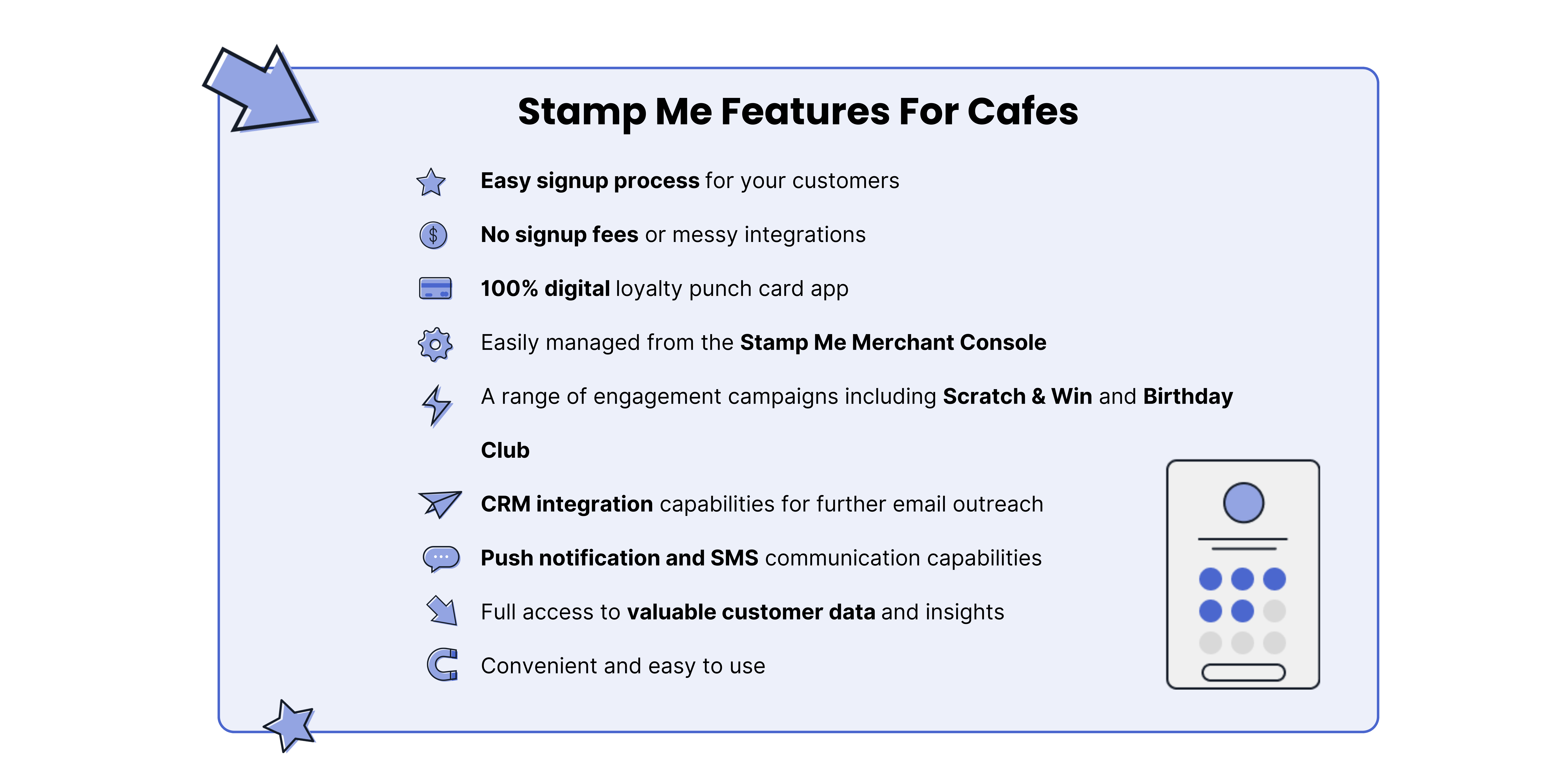Stamp Me features for cafes in a graphic tile. 