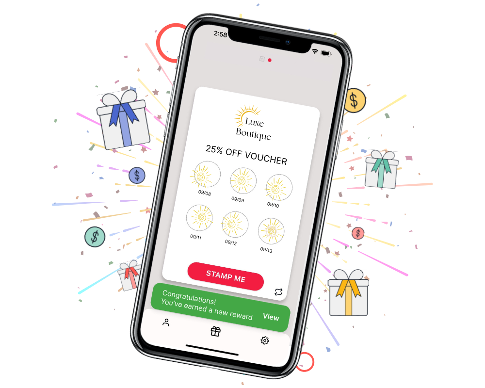 Loyalty app showing stamp progress and reward redemption option