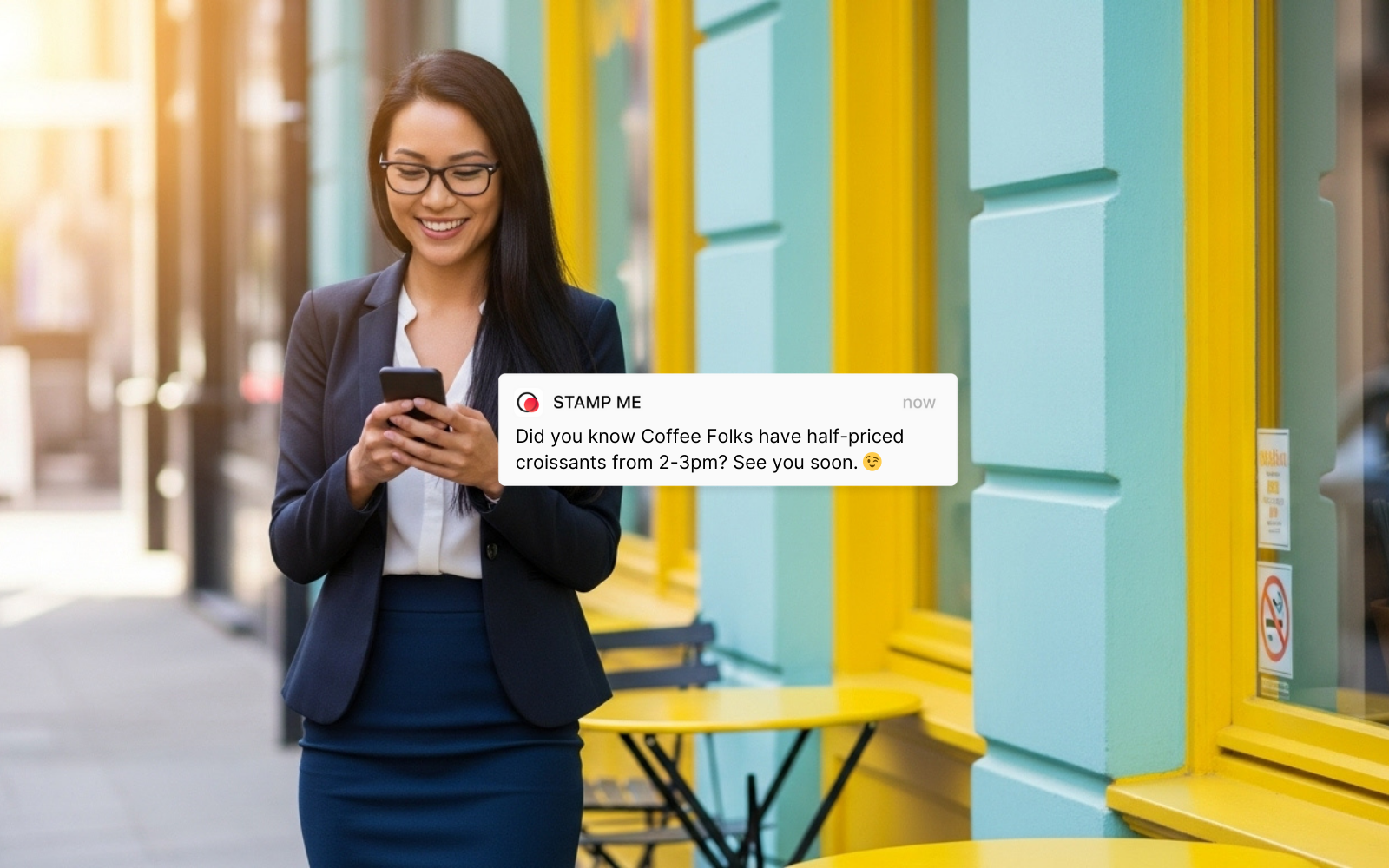 Hyper-local loyalty reward message triggered customer location for a small business